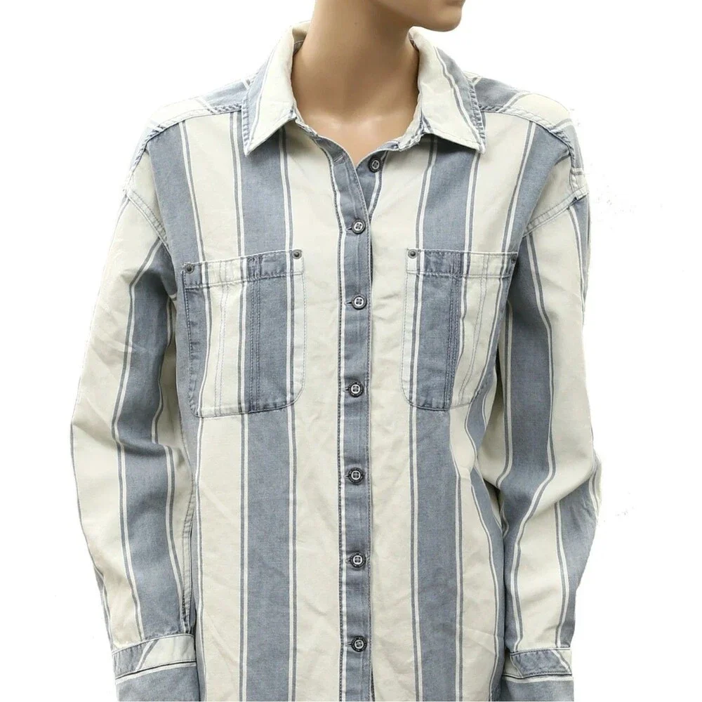 Free People We The Free Crossroads Striped Button Down Shirt Top Print XS 288557